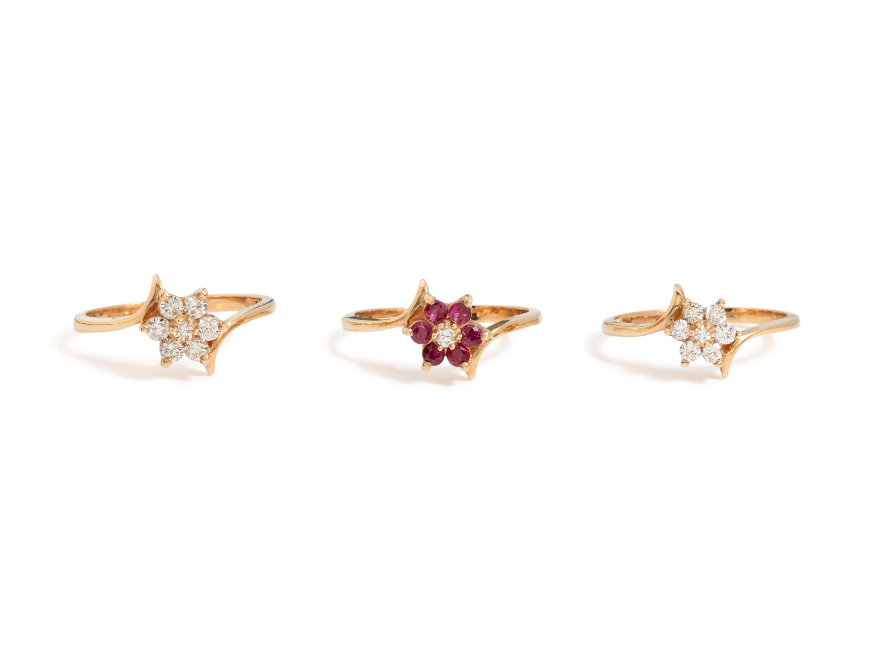 COLLECTION OF YELLOW GOLD, DIAMOND AND RUBY RINGS