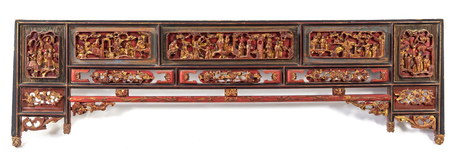 A Chinese Red and Gilt Lacquered Wood Panel Length 79 1/2 inches. — 19TH CENTURY