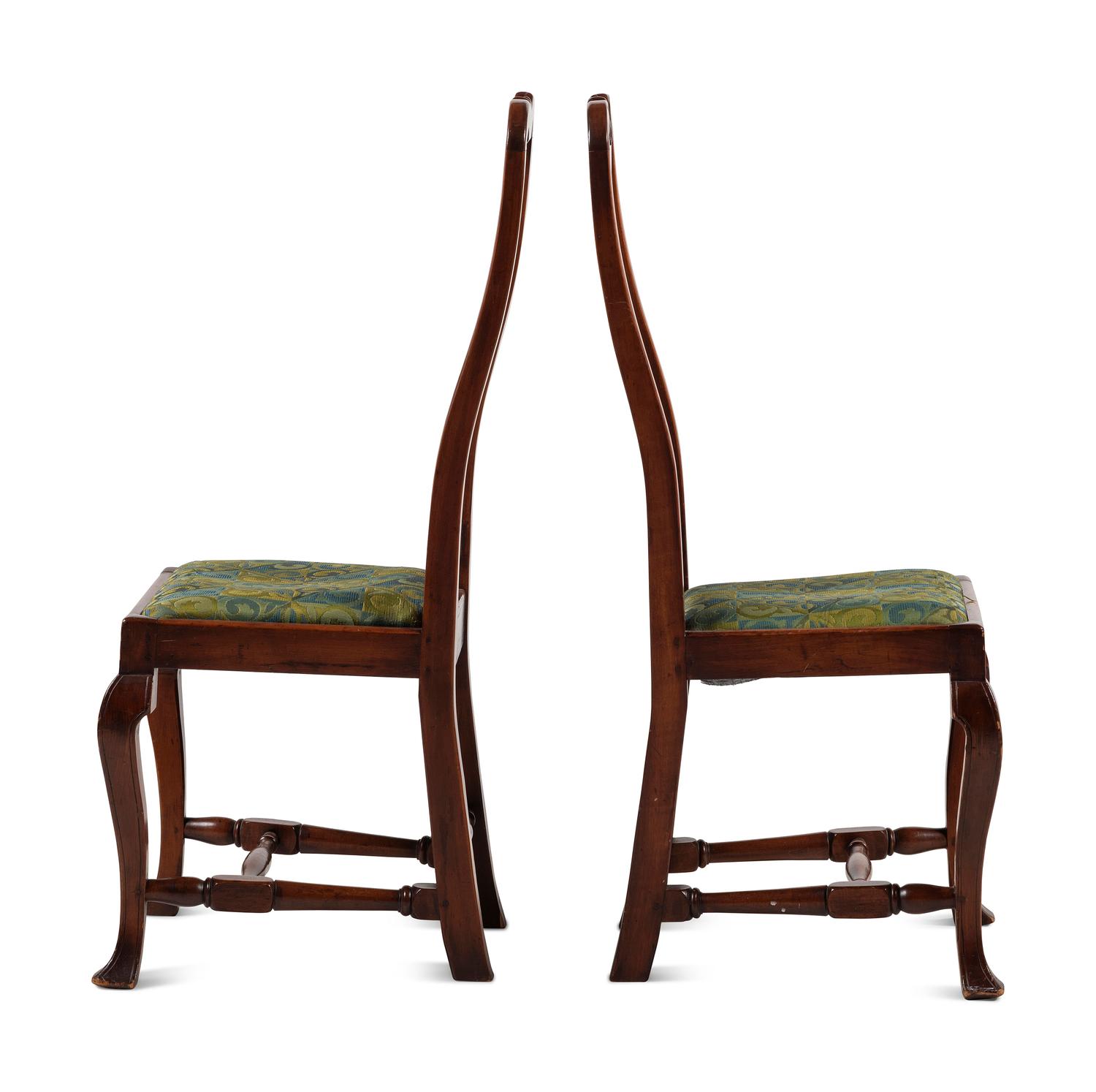 A Pair of William and Mary Style Carved and Stained Maple Side Chairs