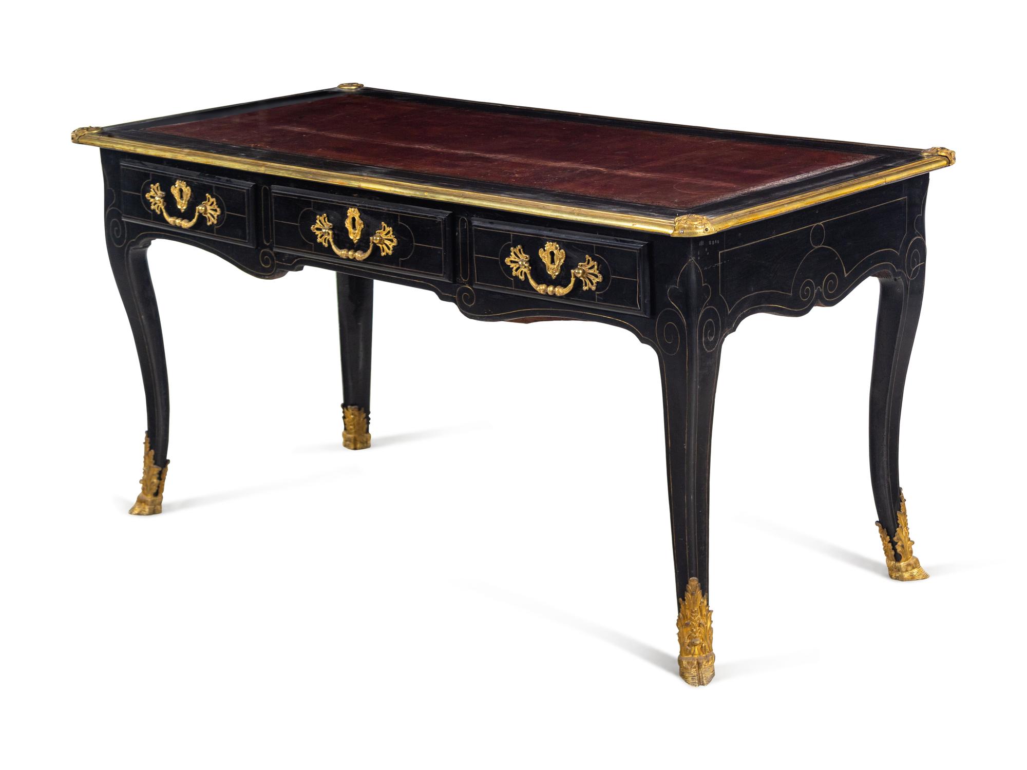 A Louis XV Gilt Bronze Mounted Brass Inlaid Ebonized Bureau Plat