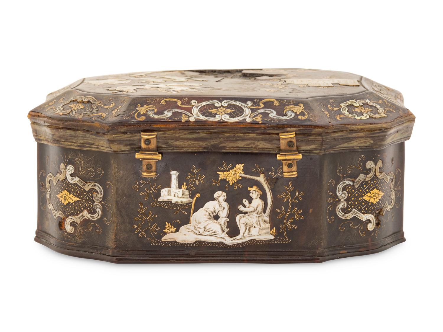 An Italian Gold and Mother of Pearl Inlaid Tortoise Shell Pique Snuff Box