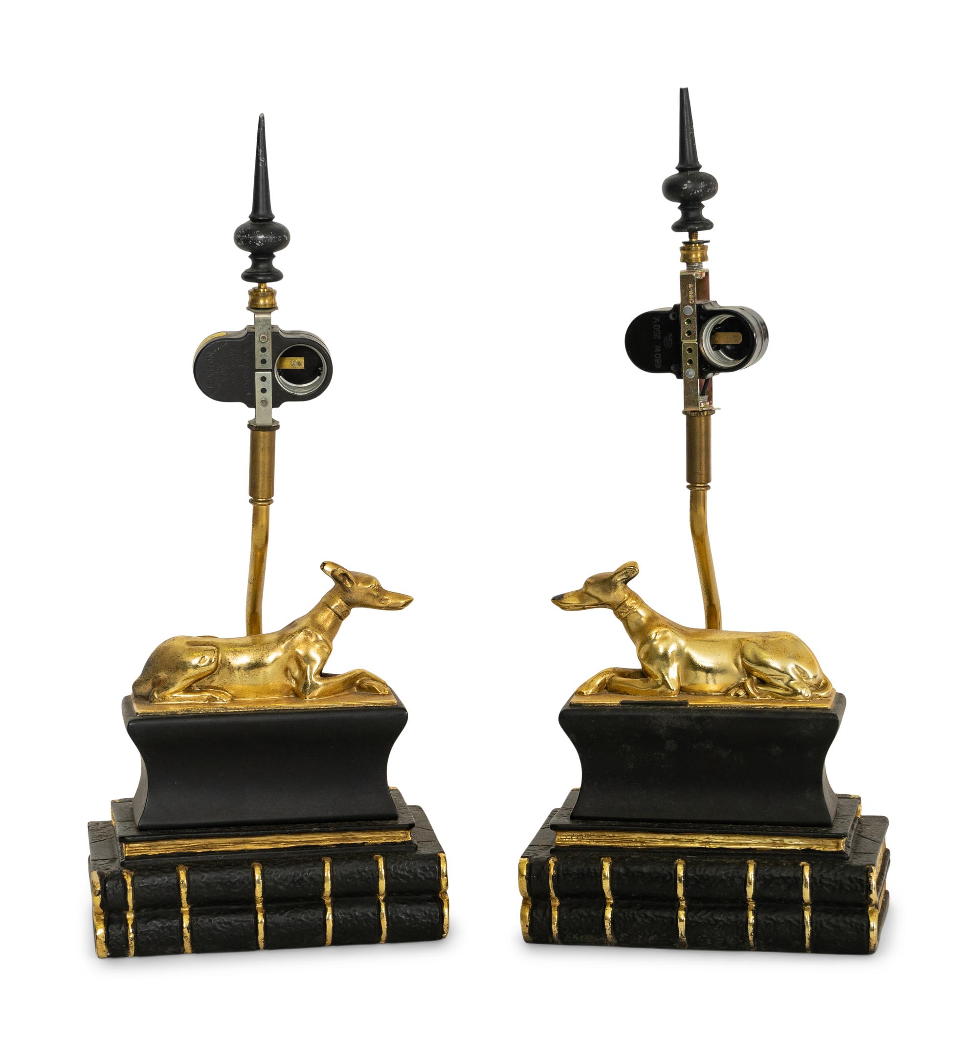 A Pair of Chapman Parcel Gilt Recumbent Canine Lamps