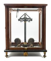 A German Oak Cased and Brass Assayer's Balance Height of case 19 1/4 x width 15 1/4 x depth 12 inches. — SARTORIUS-WERKE, GOTTINGER, 19TH CENTURY