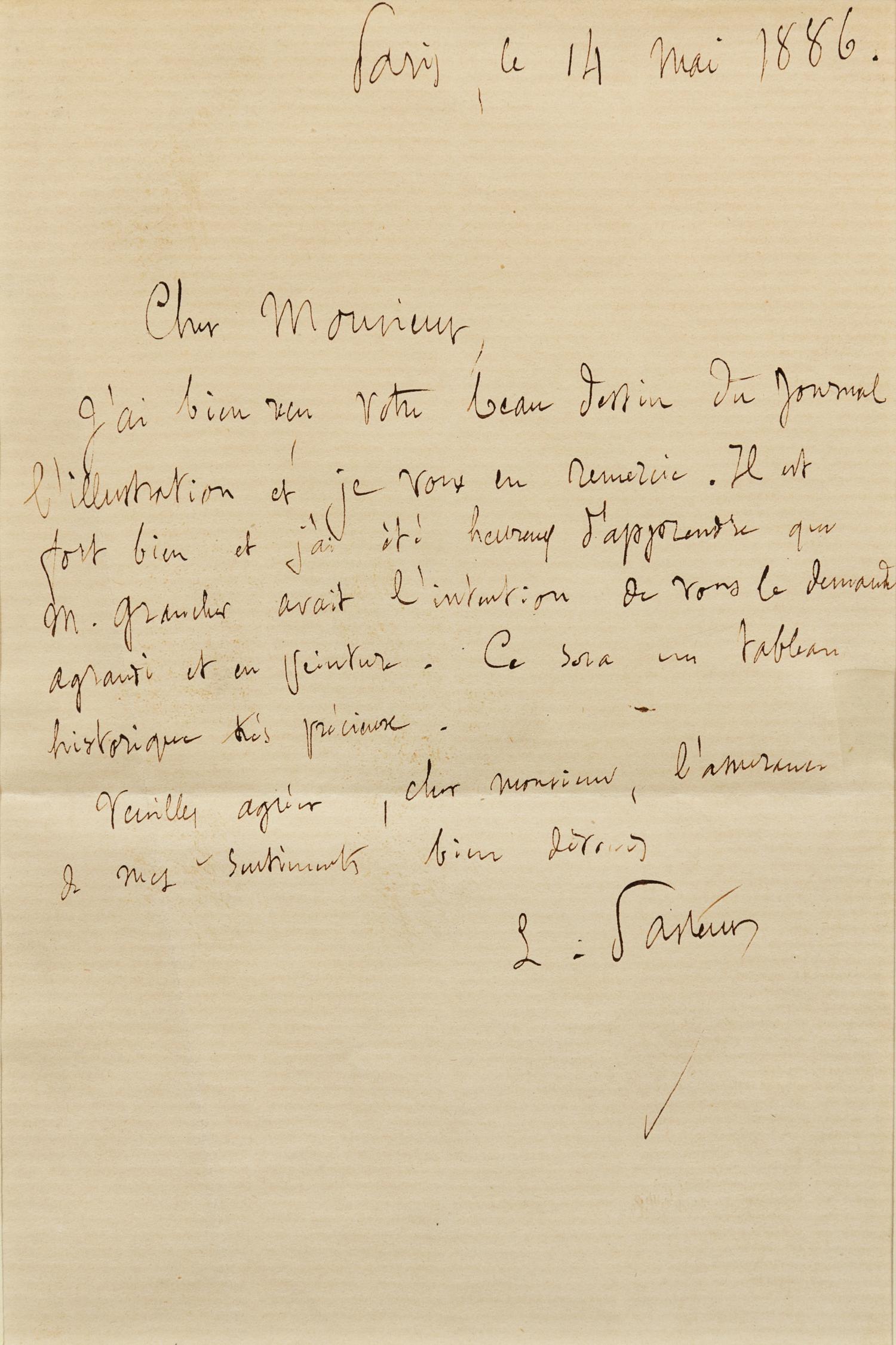 PASTEUR, Louis (1822-1895). Autograph letter signed ("L. Pasteur"), in French, to an unnamed recipient. Paris, 14 May 1886.