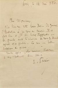 PASTEUR, Louis (1822-1895). Autograph letter signed ("L. Pasteur"), in French, to an unnamed recipient. Paris, 14 May 1886.