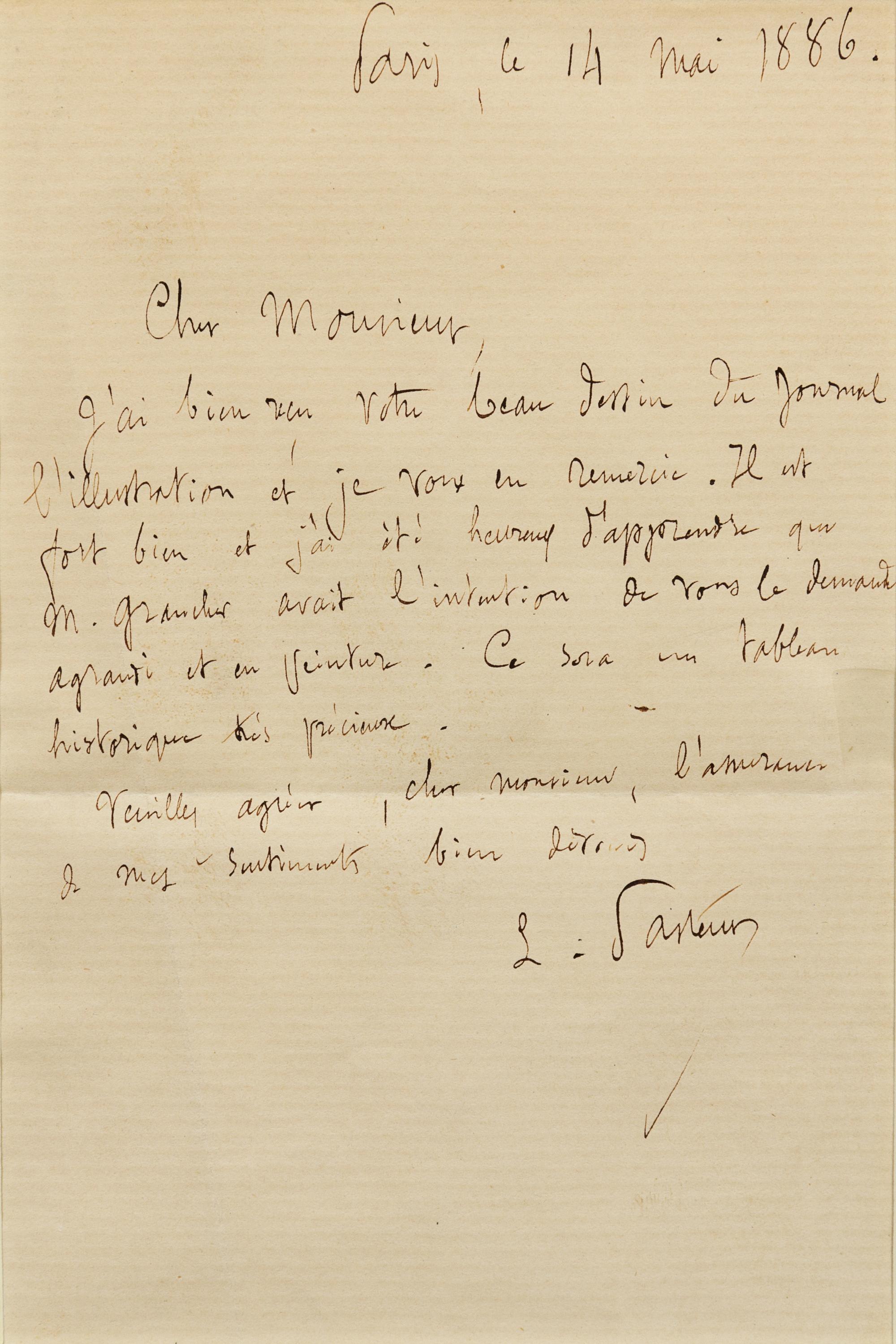 PASTEUR, Louis (1822-1895). Autograph letter signed ("L. Pasteur"), in French, to an unnamed recipient. Paris, 14 May 1886.