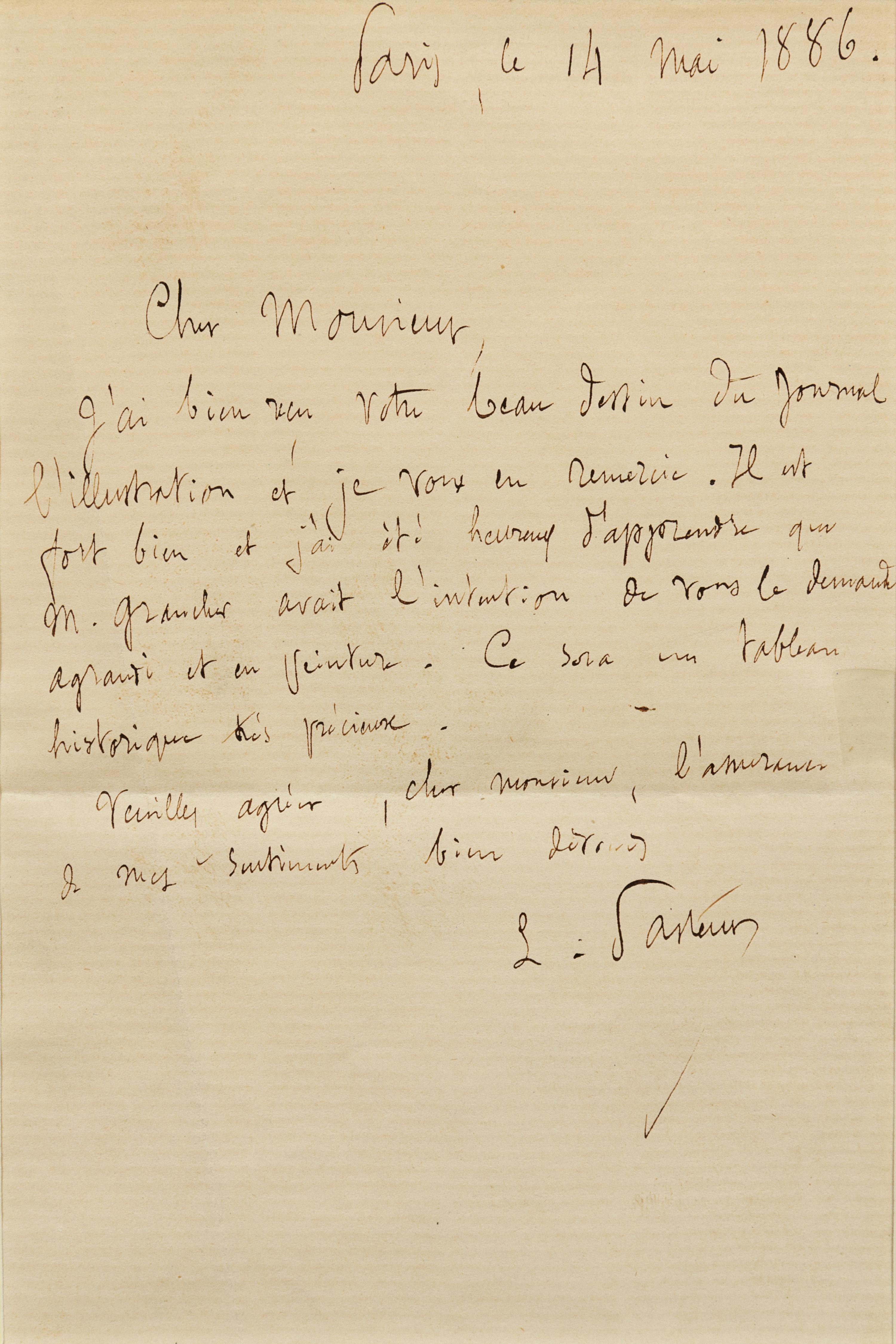 PASTEUR, Louis (1822-1895). Autograph letter signed ("L. Pasteur"), in French, to an unnamed recipient. Paris, 14 May 1886.