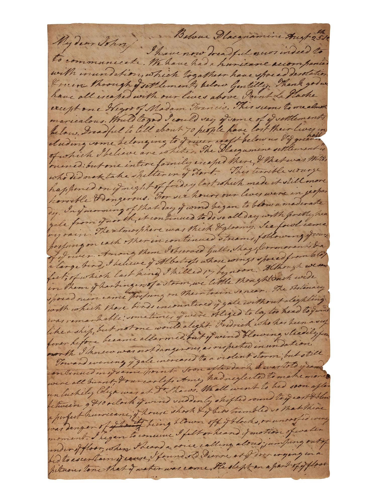 [LOUISIANA]. 2 letters, one from Belvue Plaquemine incl. detailed account of a hurricane. 1812.