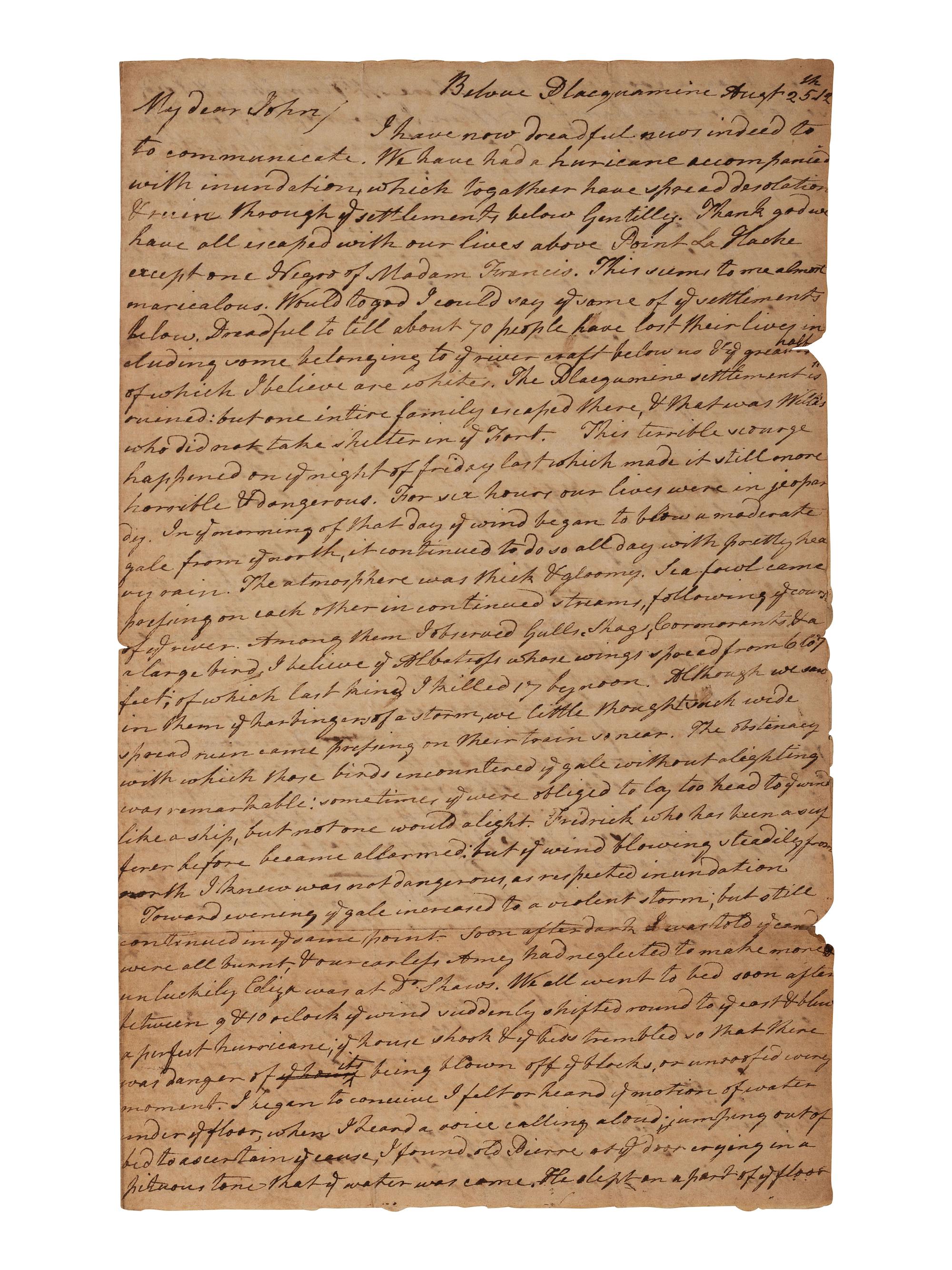 [LOUISIANA]. 2 letters, one from Belvue Plaquemine incl. detailed account of a hurricane. 1812.