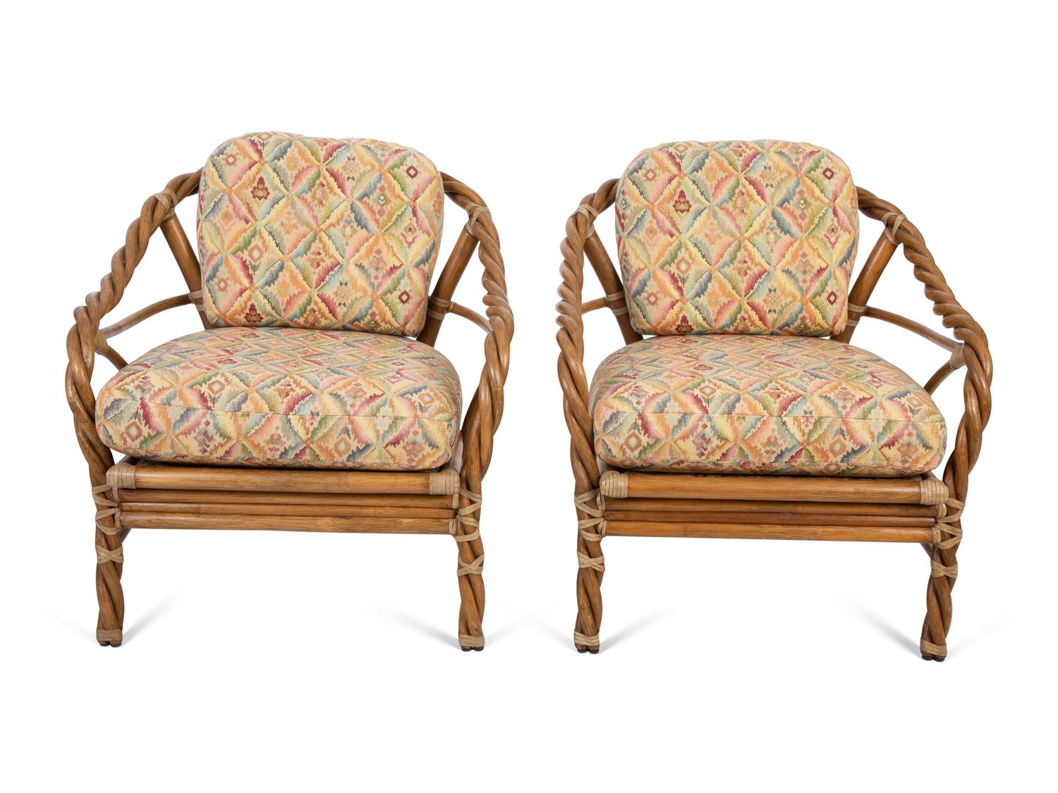 A Pair of McGuire Twisted Rattan and Rawhide Armchairs — 20th Century