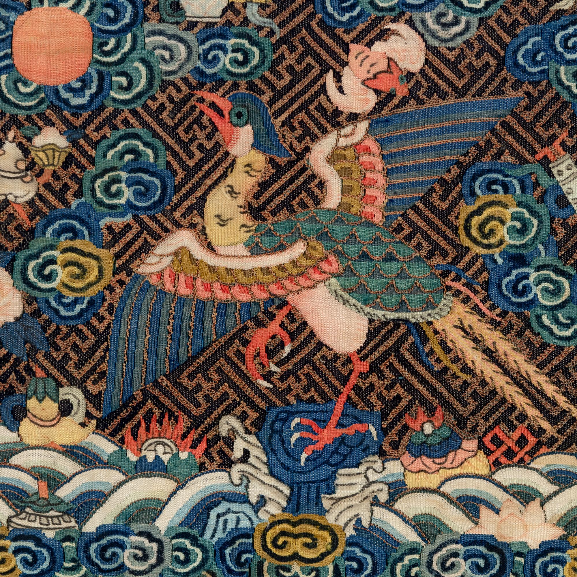 Two Chinese Kesi Silk Civil Official's Rank Badges, Mid-Late Qing Dynasty 清中晚期 醬地緙絲補子兩幅