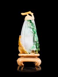 An Apple Green, Pale Celadon, and Russet Jadeite Melon-Form Snuff Bottle