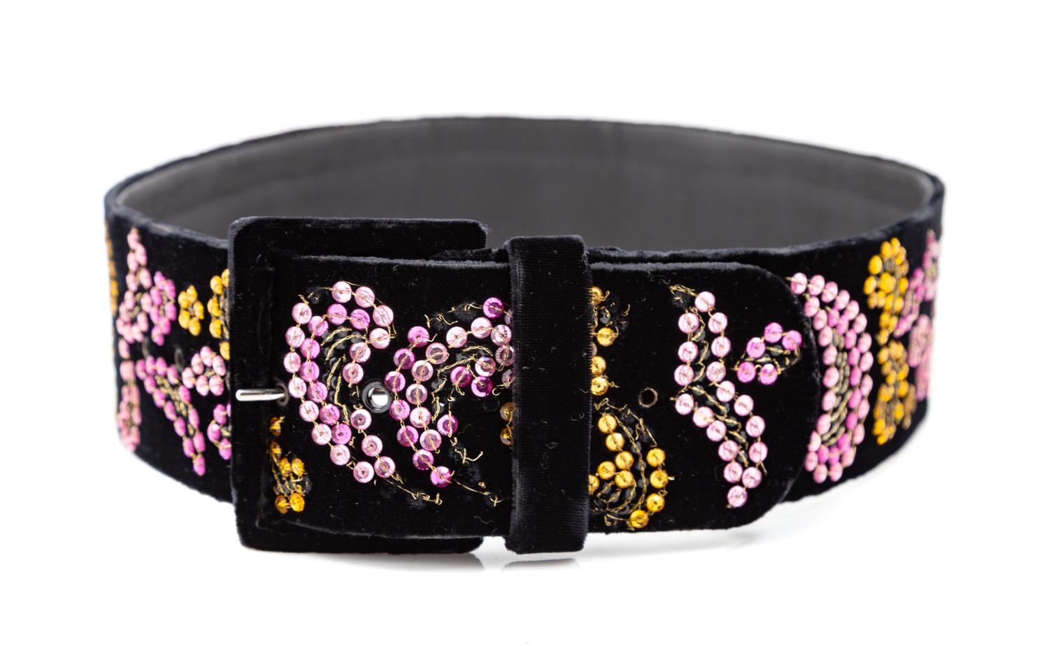 A Valentino Black Velvet and Sequin Embroidered Belt, Size: 65; 24"- 27.5" L x 2.25" W.