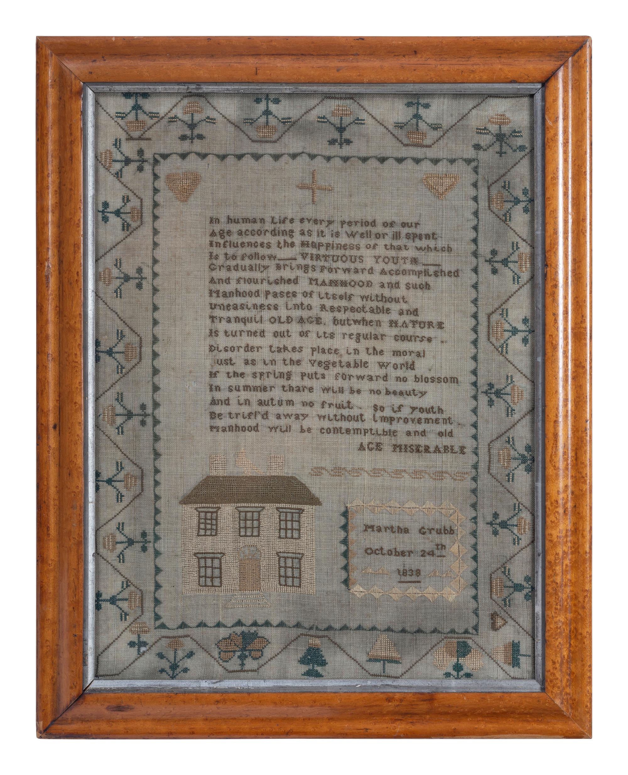 A Needlework Embroidered Sampler, Wrought by Martha Grubb