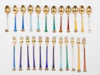 A Group of Danish and English Silver-Gilt and Enamel Flatware Articles Diameter of salts 2 inches.