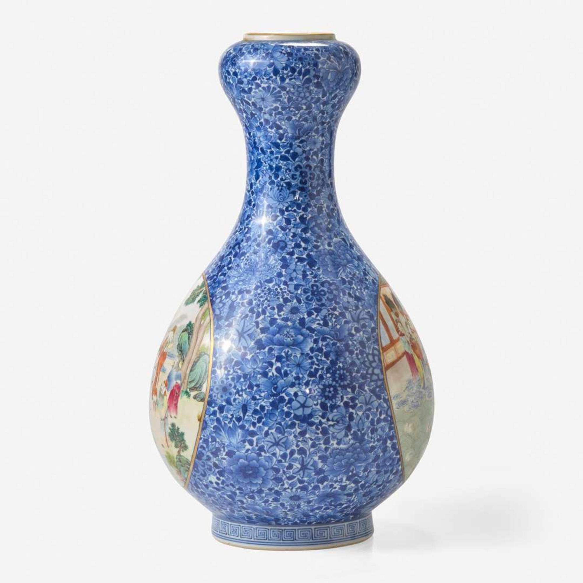 A finely-decorated Chinese yangcai and underglaze blue-decorated porcelain garlic-bulb mouth vase 洋彩灑藍地蒜頭瓶 Qianlong six-character seal mark ?????