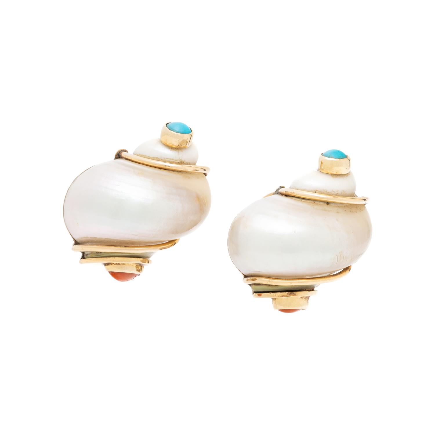 SEAMAN SCHEPPS, TURBO SHELL, CORAL, AND TURQUOISE EARRINGS