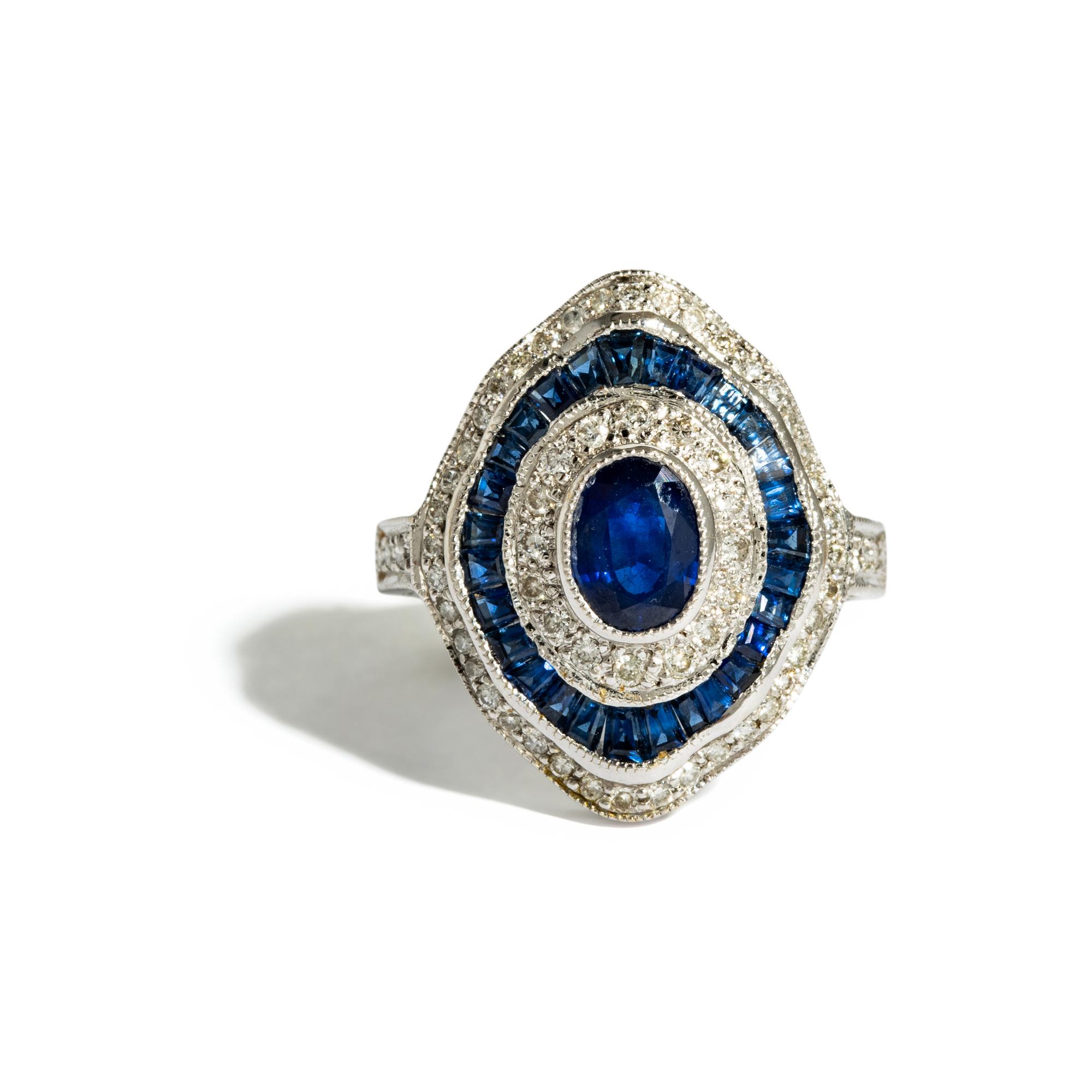 WHITE GOLD, DIAMOND, AND MULTIGEM RING AND EARRINGS