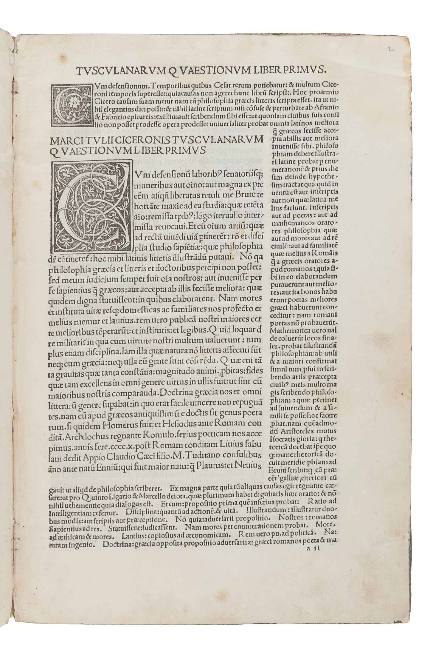 CICERO, Marcus Tullius (106-43 B.C.). Tusculanae disputationes , with anonymous commentary. Venice: Joannes Tacuinus, de Tridino, 3 February 1494/5.