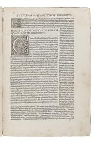 CICERO, Marcus Tullius (106-43 B.C.). Tusculanae disputationes , with anonymous commentary. Venice: Joannes Tacuinus, de Tridino, 3 February 1494/5.