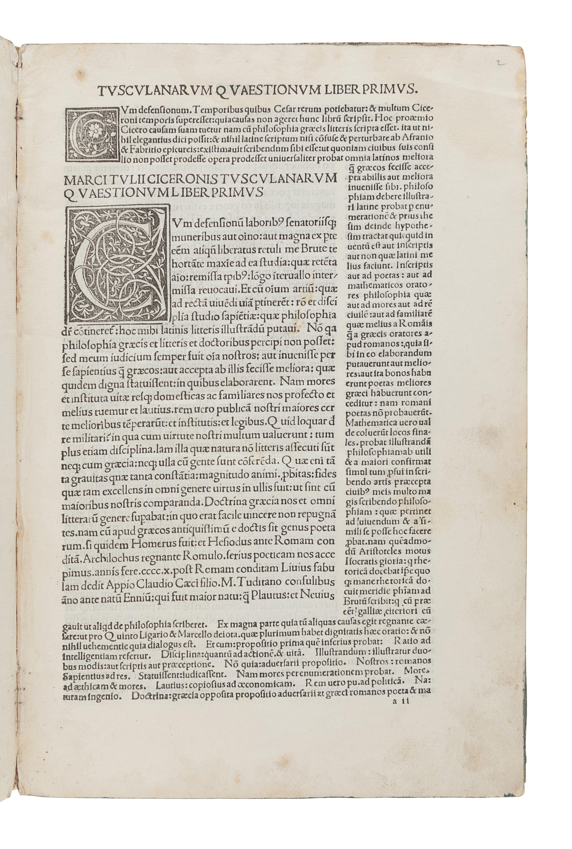 CICERO, Marcus Tullius (106-43 B.C.). Tusculanae disputationes , with anonymous commentary. Venice: Joannes Tacuinus, de Tridino, 3 February 1494/5.