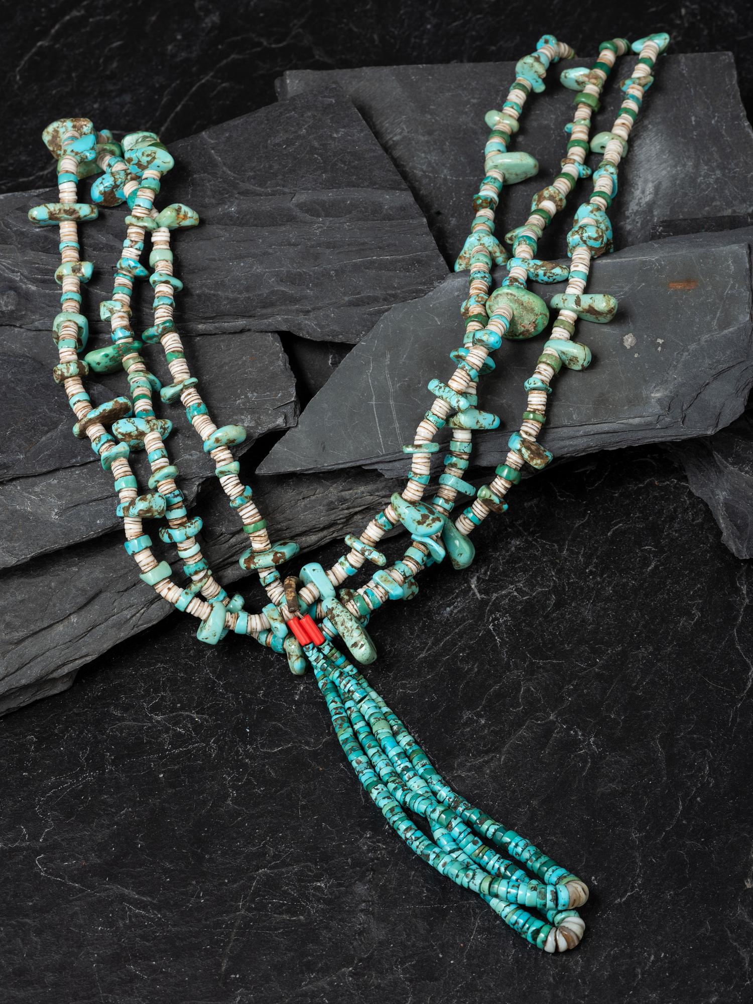 Pueblo Three-strand Turquoise Nugget Necklace, with Joclas