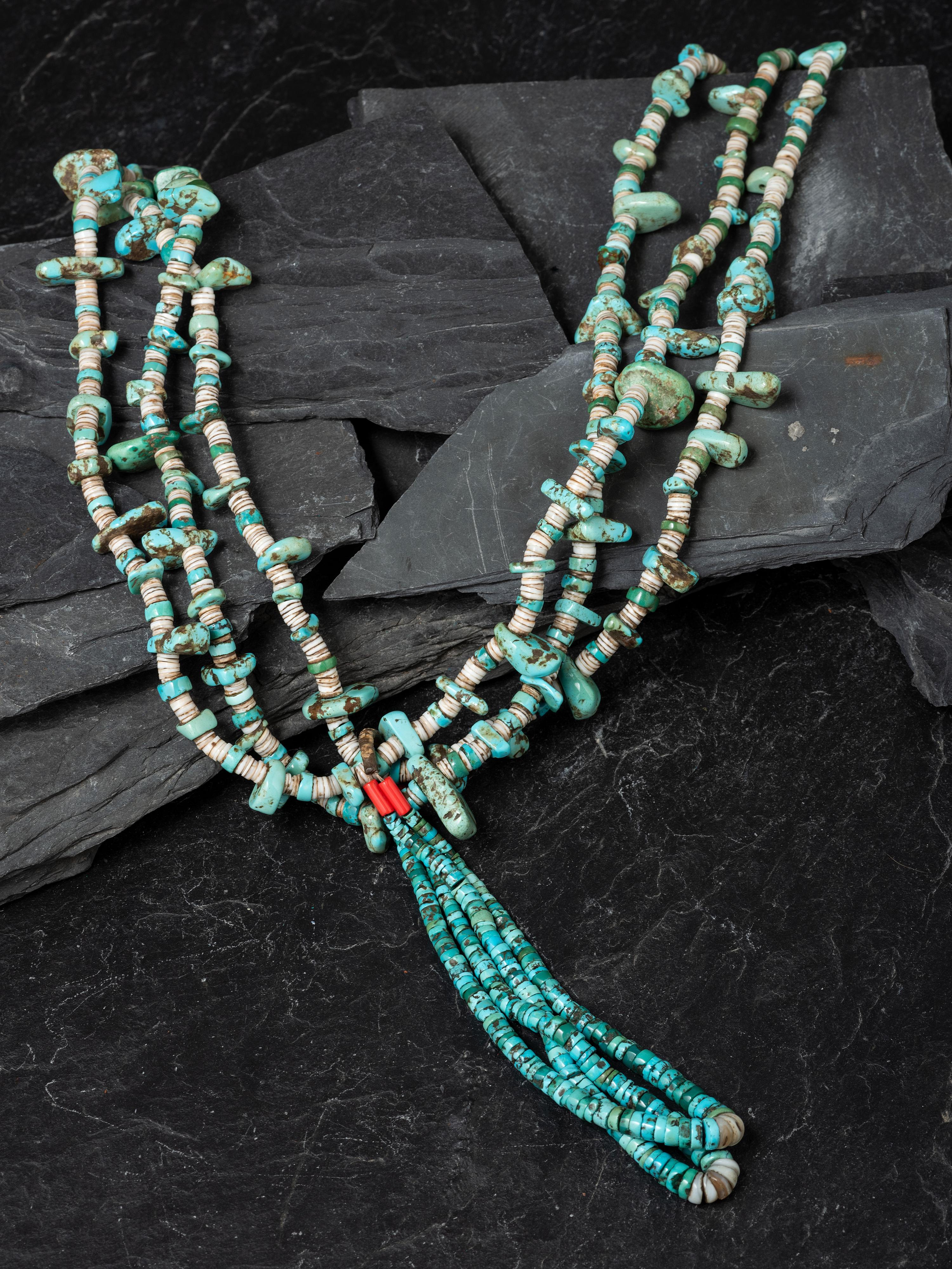 Pueblo Three-strand Turquoise Nugget Necklace, with Joclas