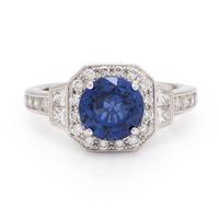 Synthetic Sapphire, Diamond, and White Gold Ring