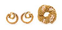 An 18 Karat Yellow Gold, Coral and Diamond Demi Parure, 40.30 dwts.