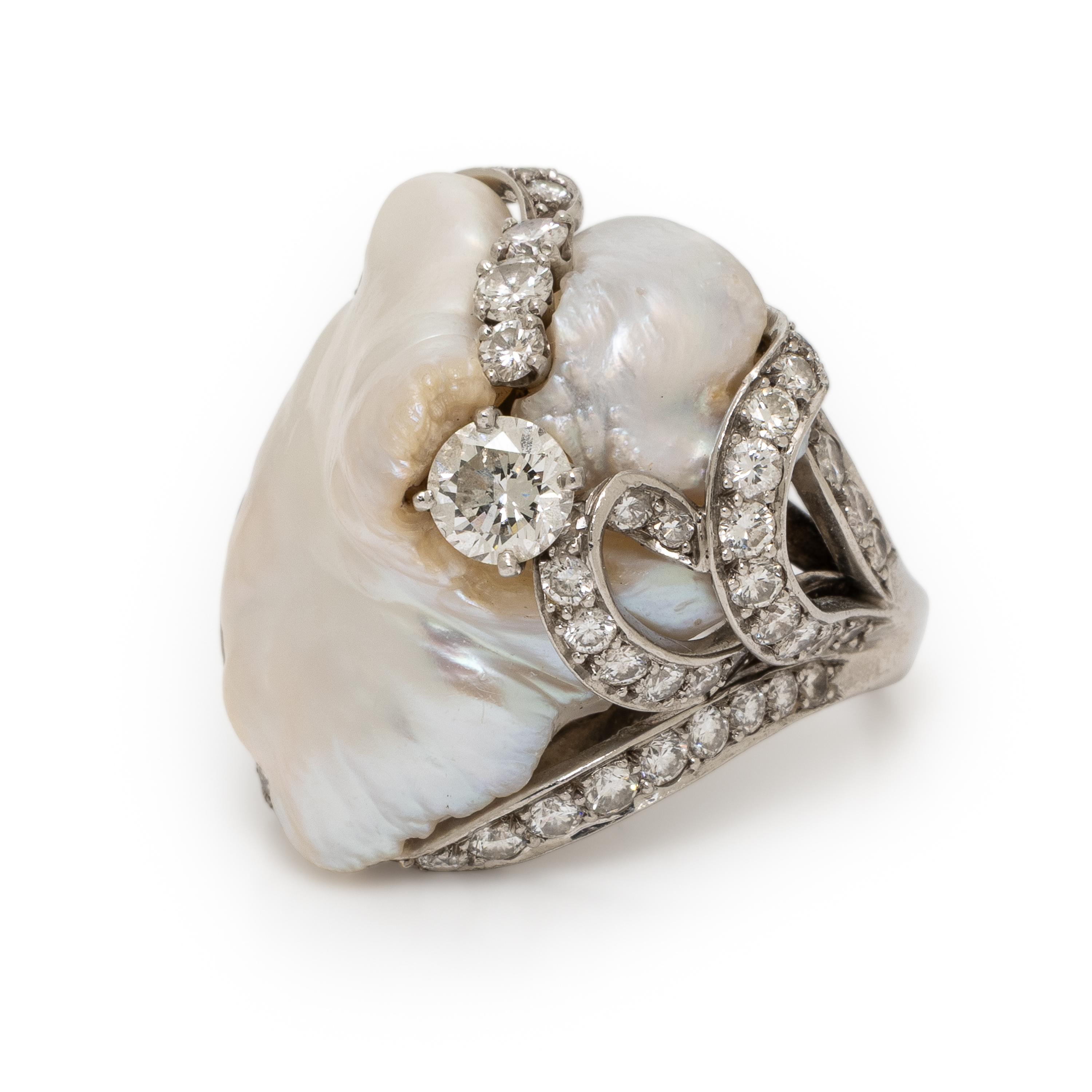 Ruser, Diamond, Baroque Cultured Pearl, and Platinum Ring