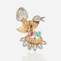 A Bird Brooch with Diamonds, Rubies, and Emeralds