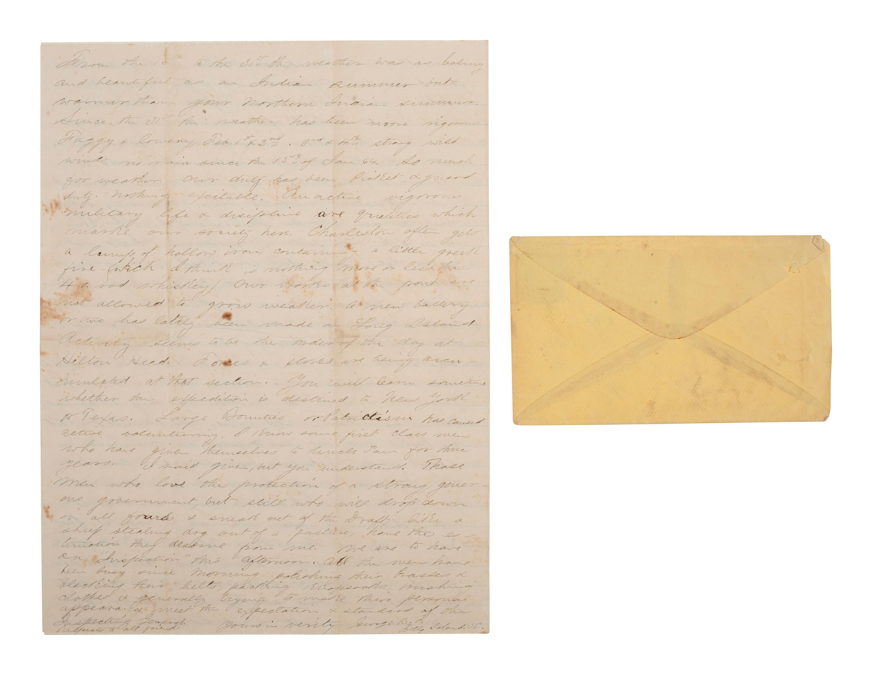 [CIVIL WAR]. Soldier's letter describing the use of Greek Fire on Charleston. Folly Island, 1864.