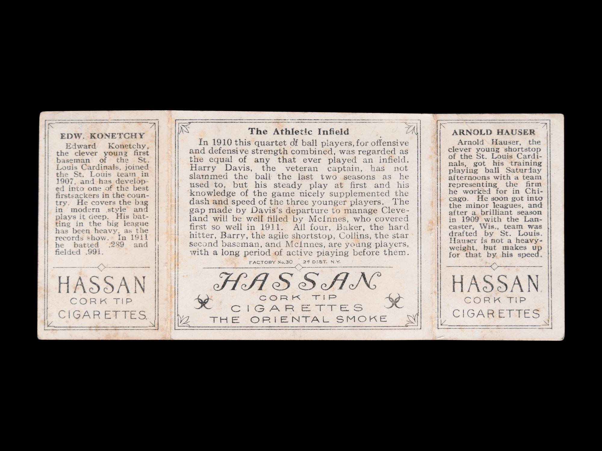A 1912 T202 Hassan Triple Folder Edward Konetchy / Arnold Hauser / The Athletic Infield Baseball Card