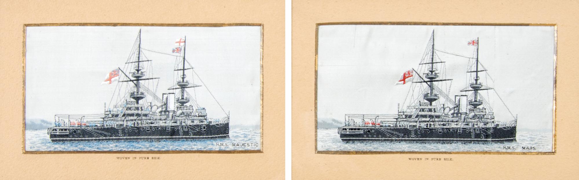 A Group of Two Woven Silk Stevengraphs Pertaining to British Battleships, Height 3 x width 5 1/2 inches.