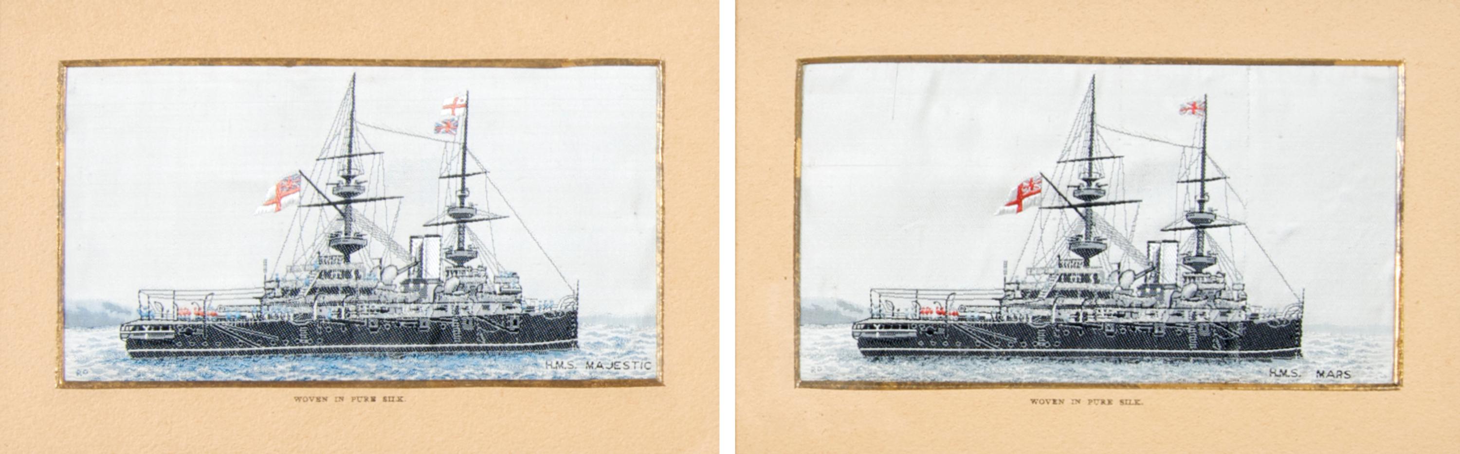 A Group of Two Woven Silk Stevengraphs Pertaining to British Battleships, Height 3 x width 5 1/2 inches.