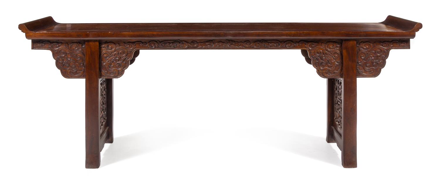 A Large Chinese Hardwood Altar Table, Qiaotou'an Height 34 1/2 x width 53 x depth 30 1/2 inches. — QING DYNASTY (1644-1911)