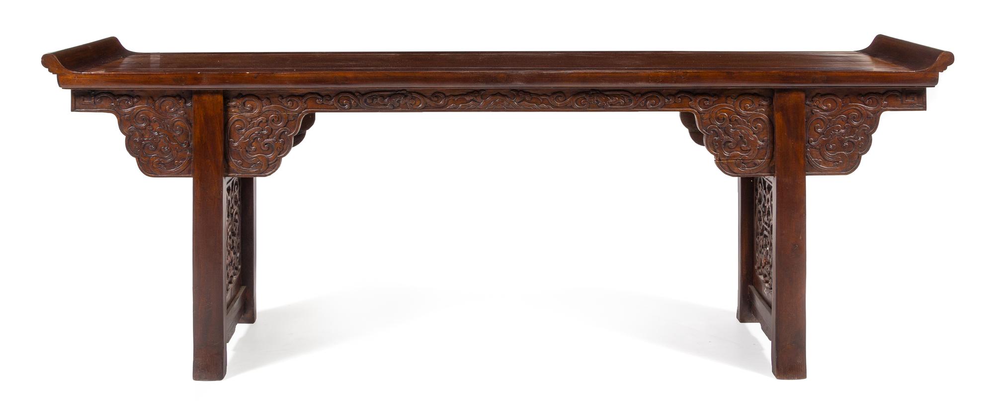 A Large Chinese Hardwood Altar Table, Qiaotou'an Height 34 1/2 x width 53 x depth 30 1/2 inches. — QING DYNASTY (1644-1911)