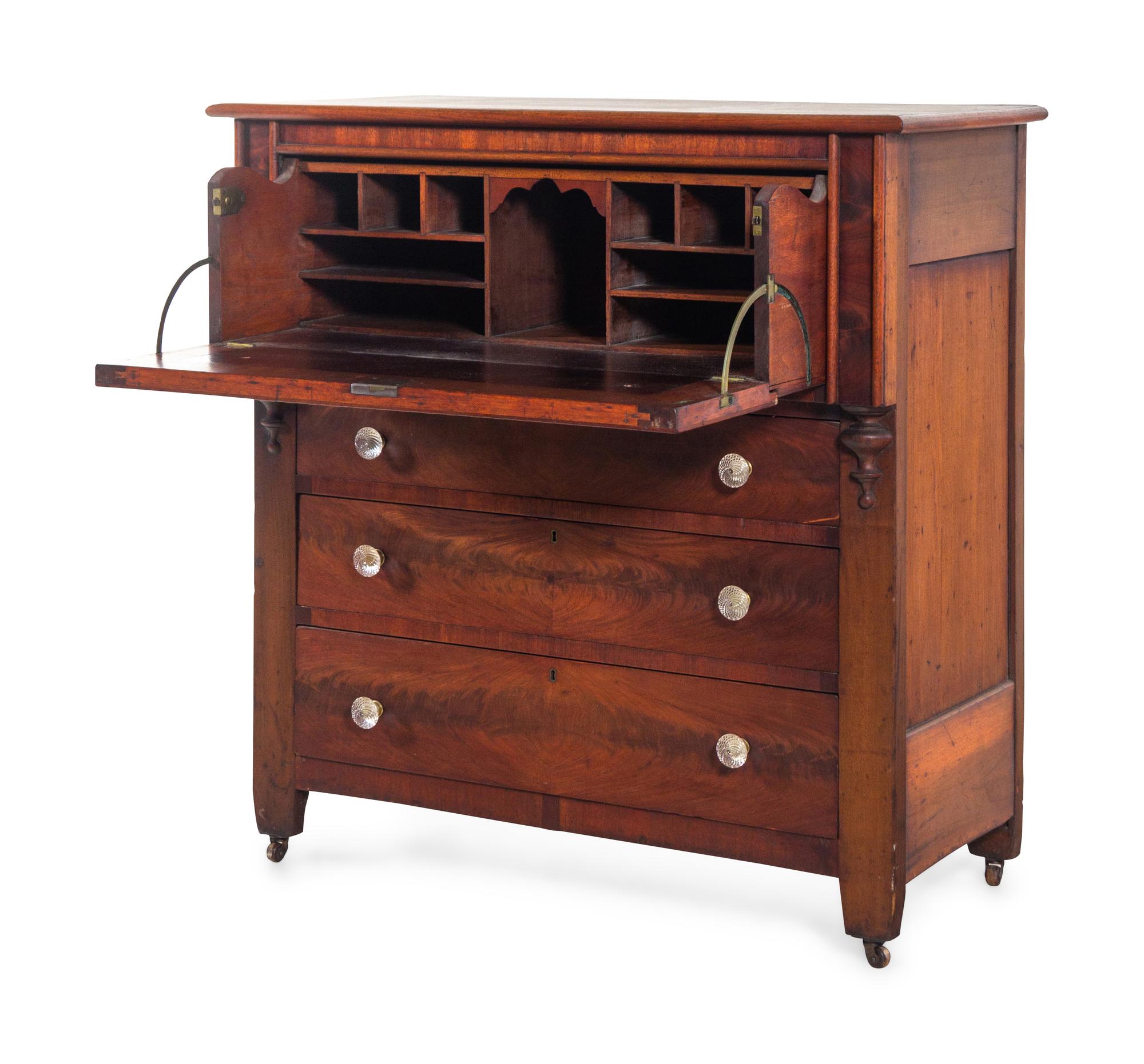 A Late Classical Carved Mahogany and Walnut Butler's Secretary