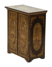 An English Black and Gilt Chinoiserie Decorated Cabinet with Interior Drawers