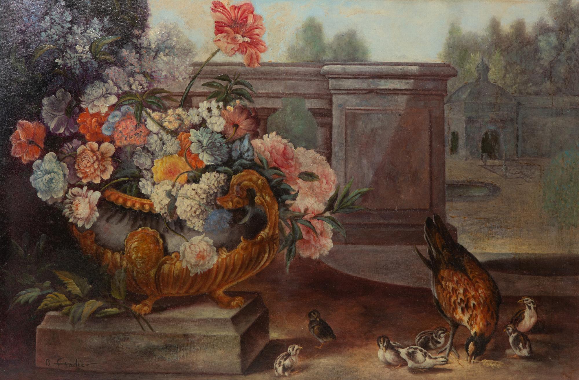Capriccio with Flowers in a Jardinière and Grouse and her Chicks