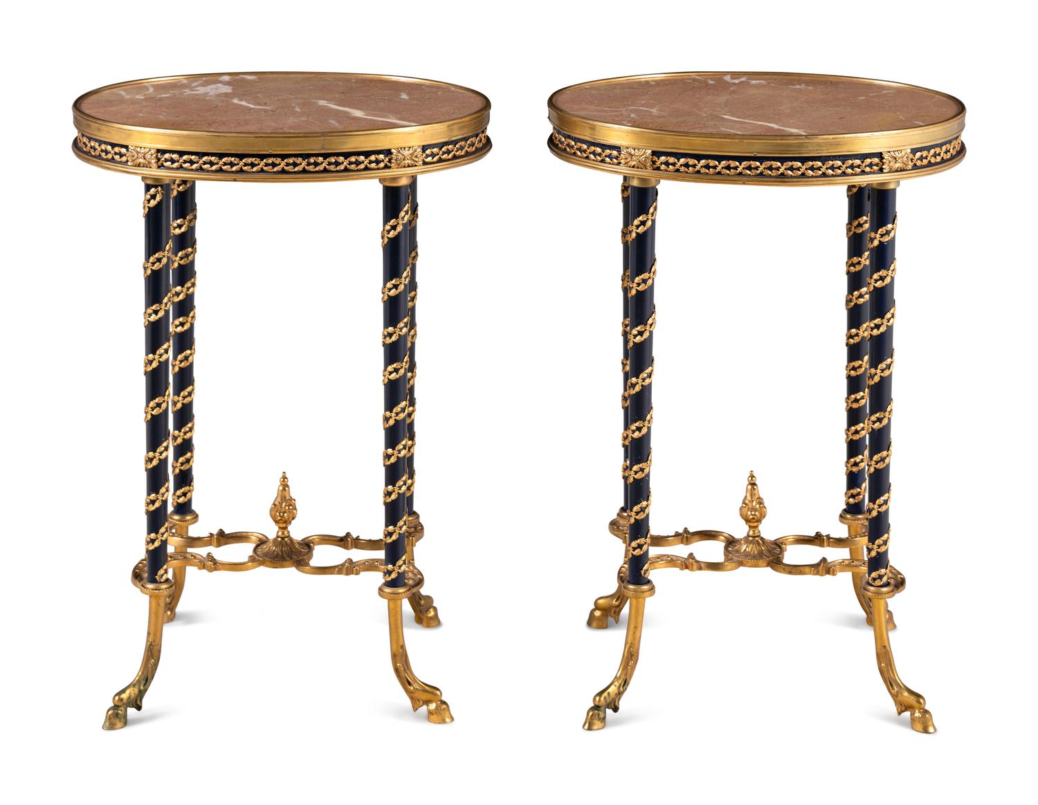 A Pair of Louis XVI Style Gilt Bronze Mounted Marble-Top Side Tables in the Style of Adam Weisweiler