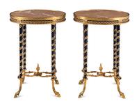 A Pair of Louis XVI Style Gilt Bronze Mounted Marble-Top Side Tables in the Style of Adam Weisweiler
