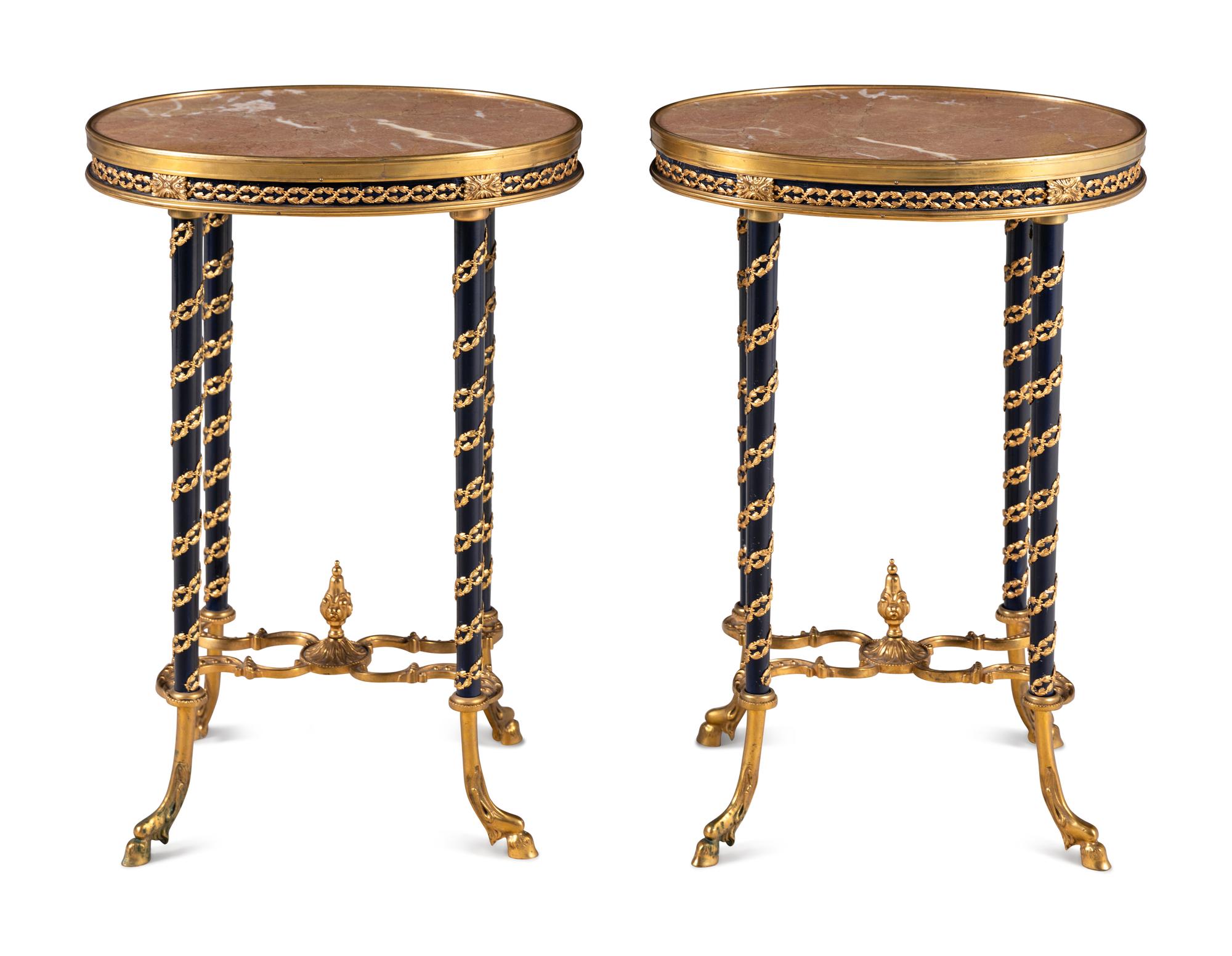 A Pair of Louis XVI Style Gilt Bronze Mounted Marble-Top Side Tables in the Style of Adam Weisweiler