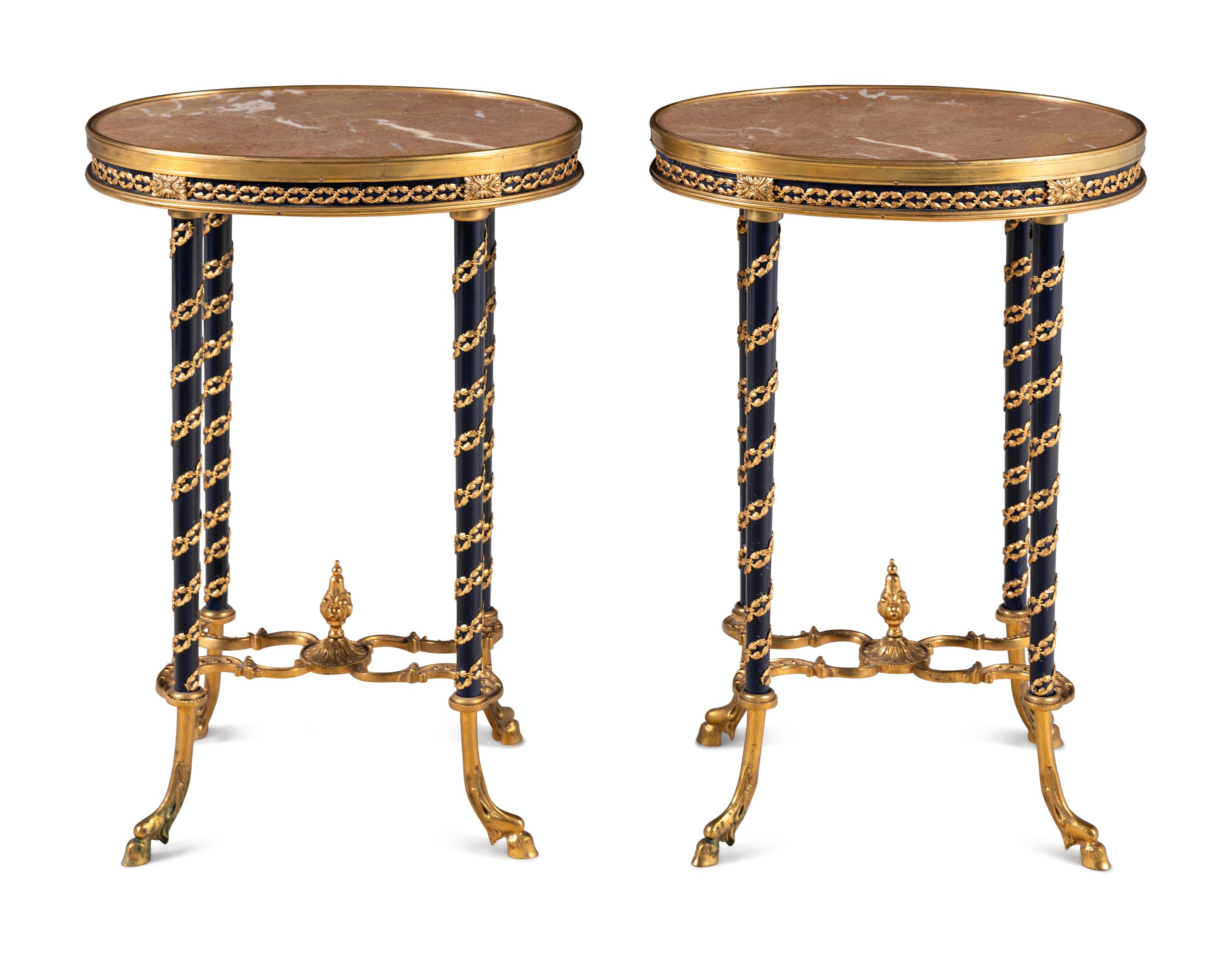 A Pair of Louis XVI Style Gilt Bronze Mounted Marble-Top Side Tables in the Style of Adam Weisweiler