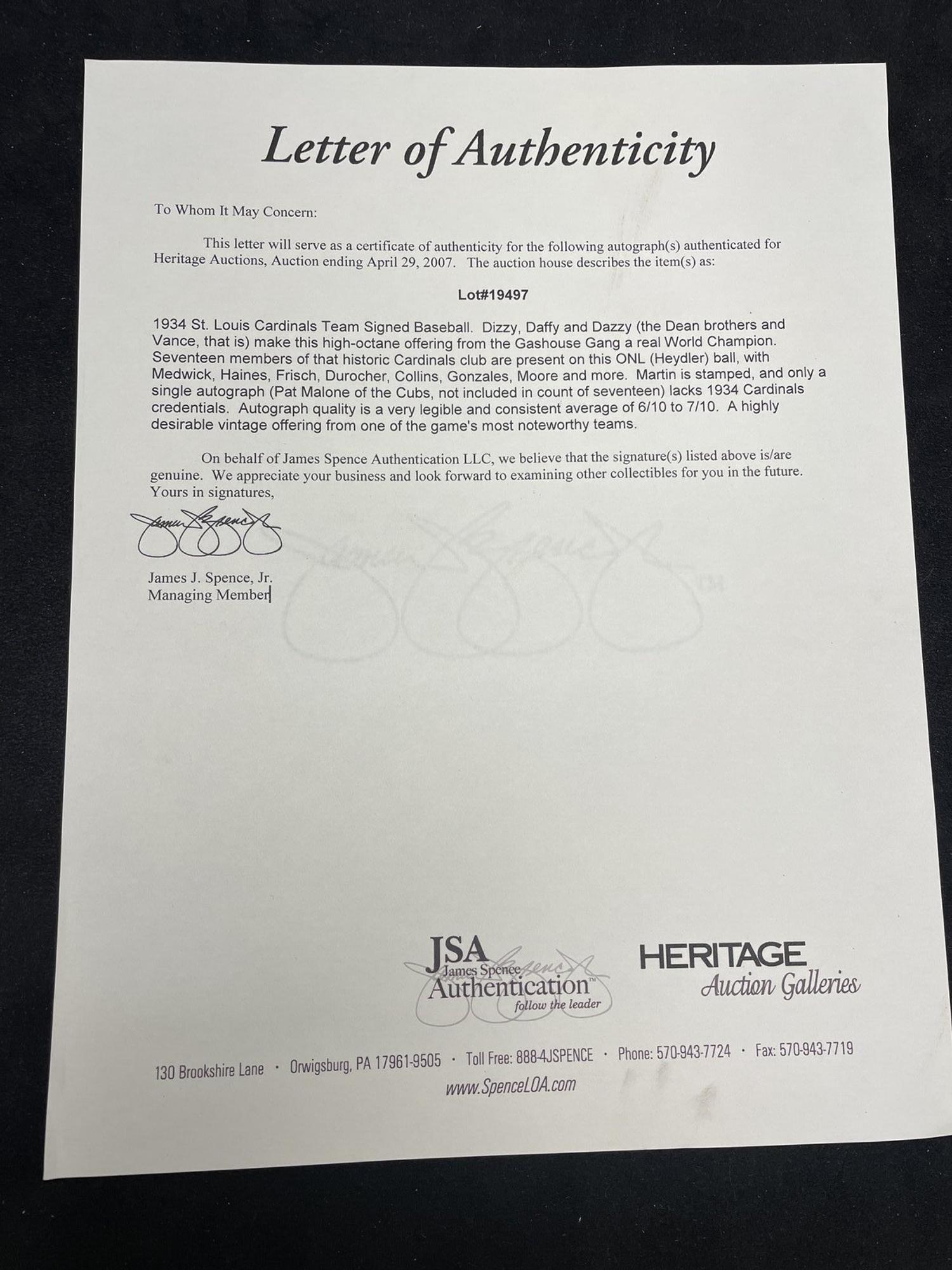 A 1934 St. Louis Cardinals Gashouse Gang Team Signed Autograph Baseball (PSA, JSA Auction Letters),