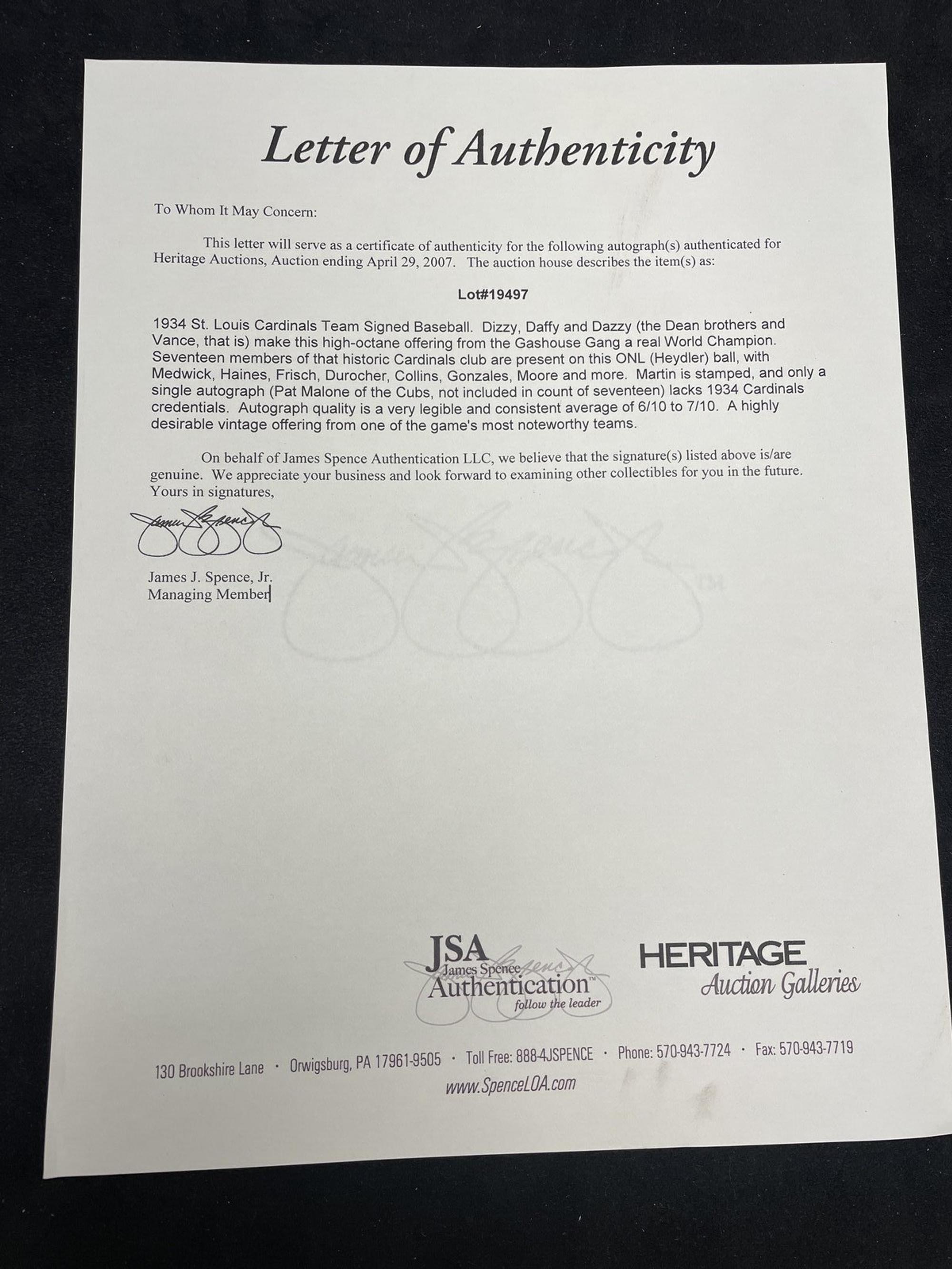 A 1934 St. Louis Cardinals Gashouse Gang Team Signed Autograph Baseball (PSA, JSA Auction Letters),