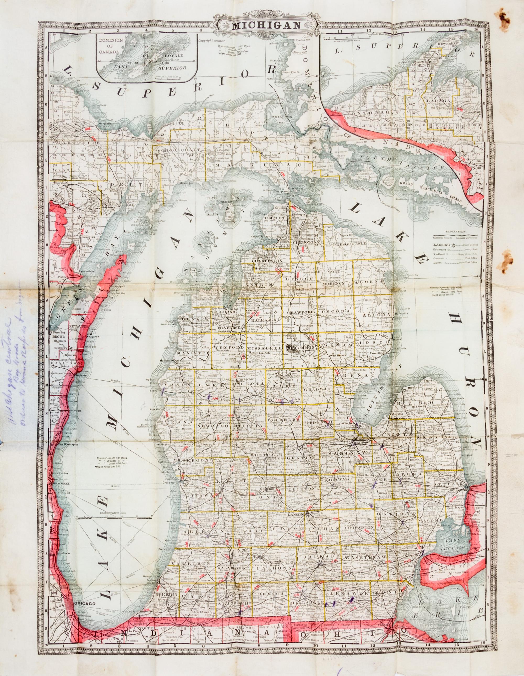 (MAP, RAILROADS) Cram's Township and Rail Road Map ofMichigan. Chicago, c. 1890.