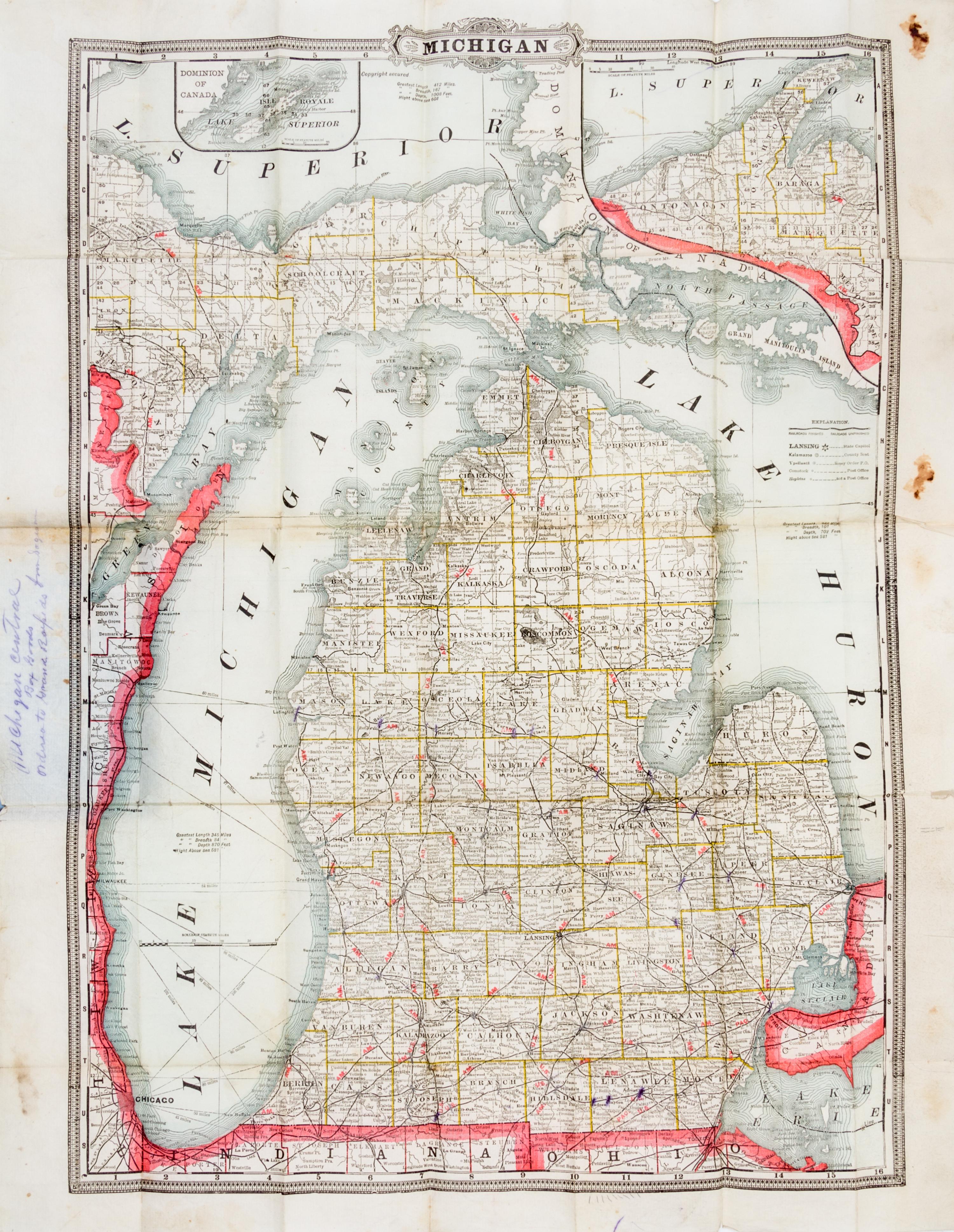 (MAP, RAILROADS) Cram's Township and Rail Road Map ofMichigan. Chicago, c. 1890.