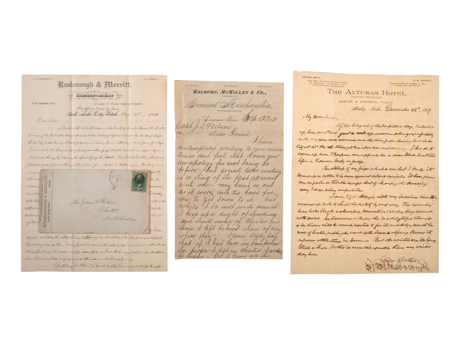 [WESTERN AMERICANA]. The Rosborough family archive, including letters relating to the California Gold Rush, the Modoc War, the Klondike Gold Rush, and early settlement and mining operations in Idaho Territory, Utah Territory, Nevada, and Texas.