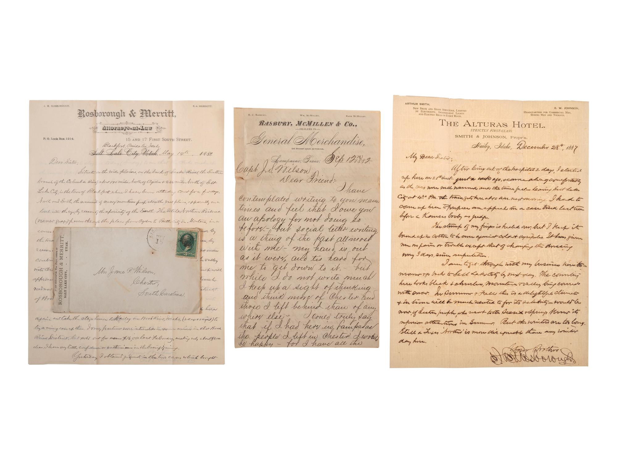 [WESTERN AMERICANA]. The Rosborough family archive, including letters relating to the California Gold Rush, the Modoc War, the Klondike Gold Rush, and early settlement and mining operations in Idaho Territory, Utah Territory, Nevada, and Texas.